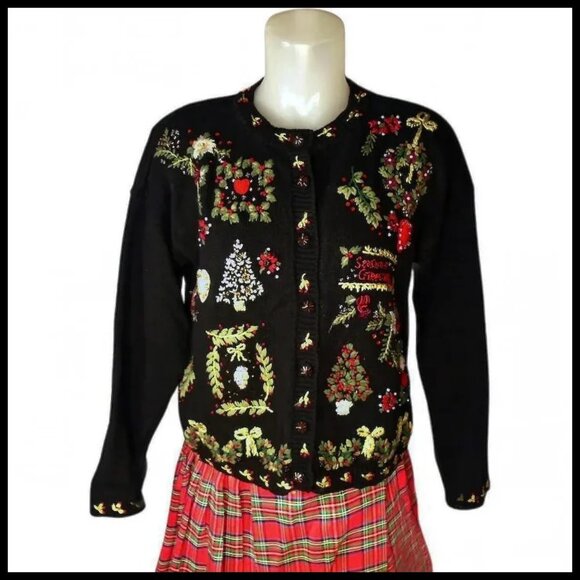 Black Christmas Sweater Lavish Ornate NOT UGLY Holiday Tiara Vintage - Picture 3 of 15